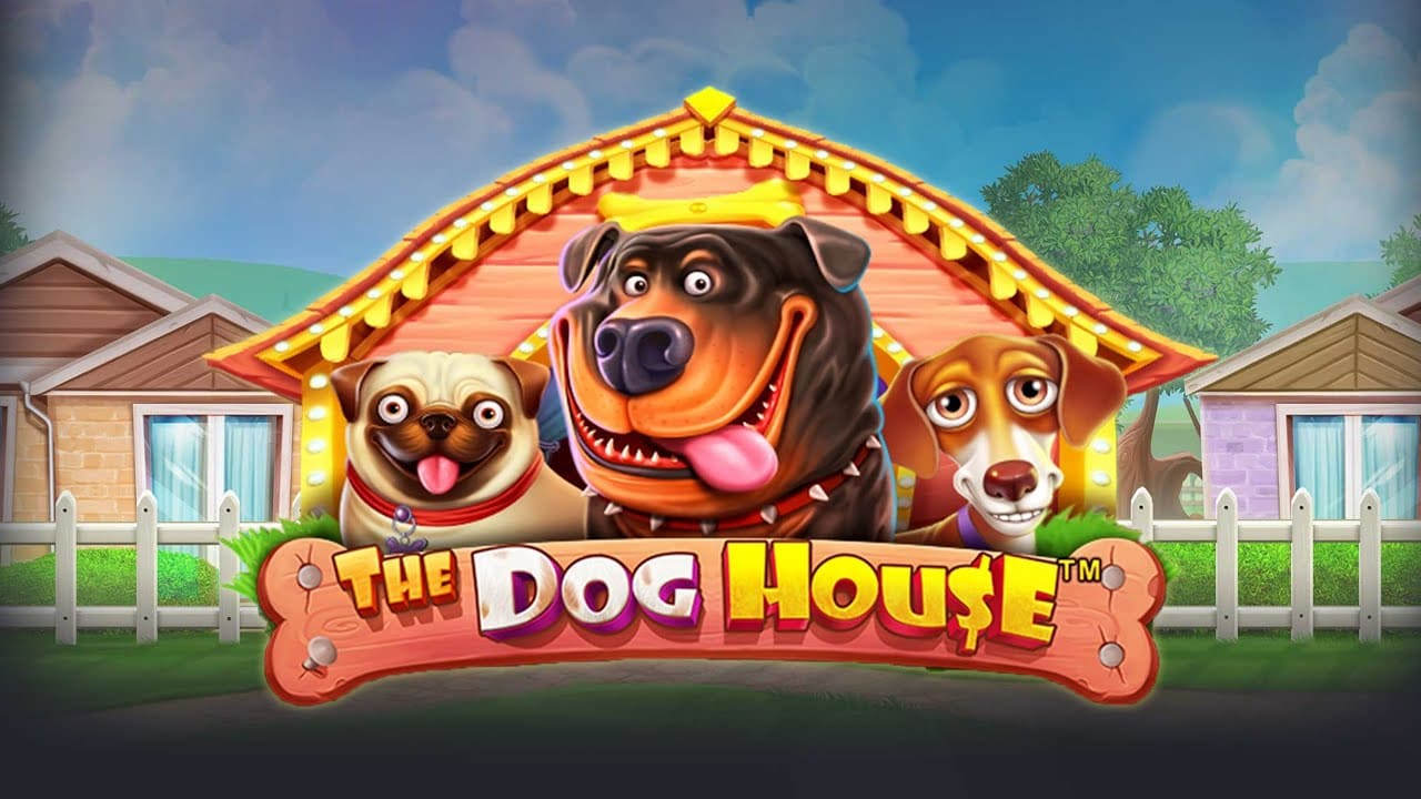 Banner de The Dog House: perros en un patio y el cartel For Sale de Pragmatic Play